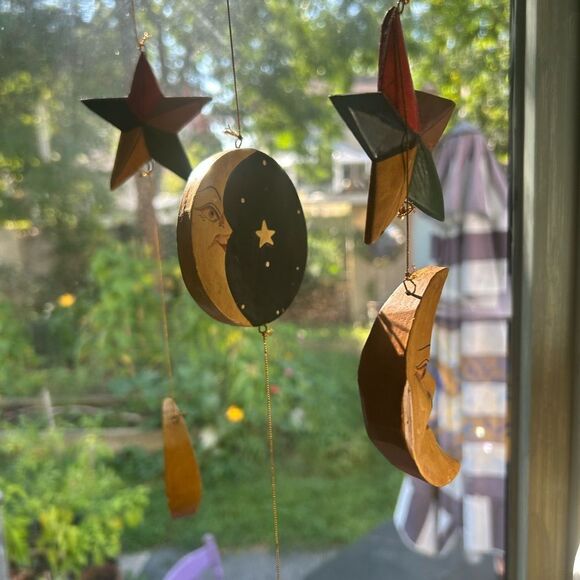 Hand Carved Wooden Star and Moon Ornament Mobile Vintage 90s Indonesia 28.5" - Picture 15 of 16